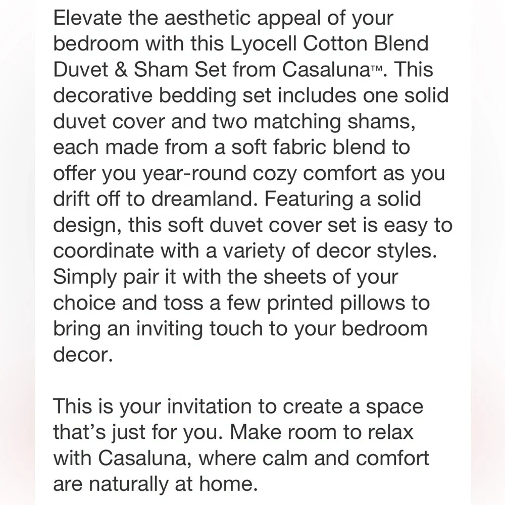 CASALUNA NWT 3pc lycoell cotton blend duvet & sham set -white -king